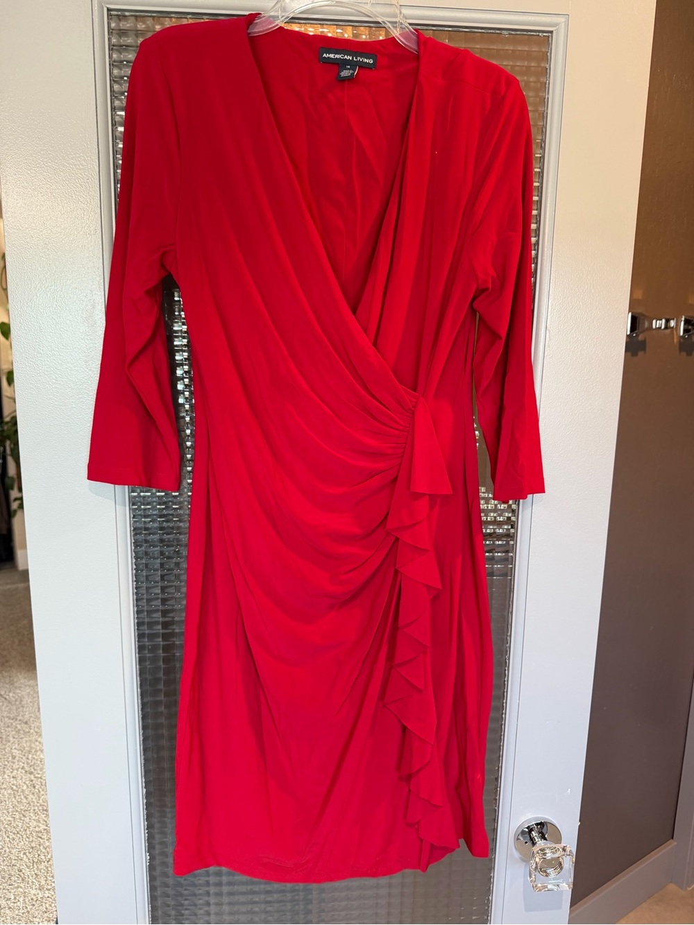 American Living Red Wrap-Style Long Sleeve Ruffle Dress